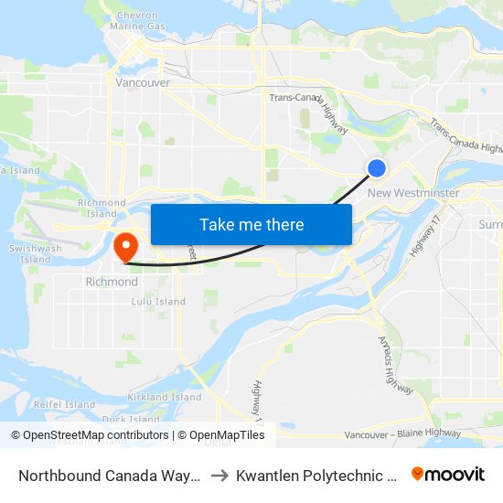 Northbound Canada Way @ 16 Ave to Kwantlen Polytechnic University map