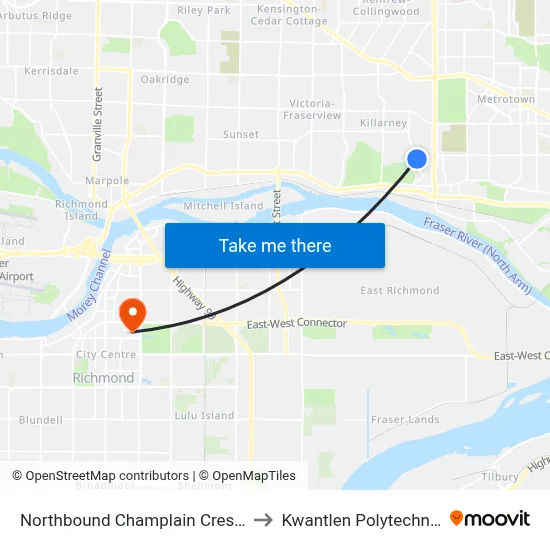 Northbound Champlain Cres @ Langford Ave to Kwantlen Polytechnic University map