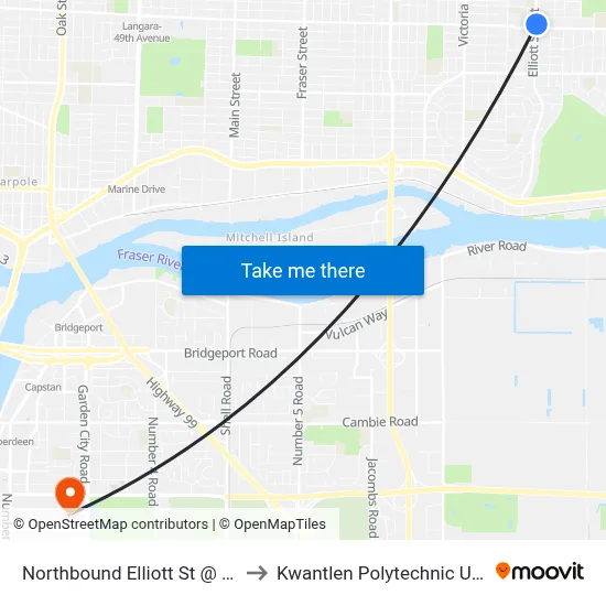 Northbound Elliott St @ E 49 Ave to Kwantlen Polytechnic University map