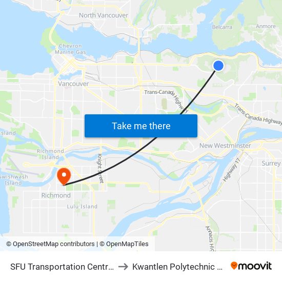 SFU Transportation Centre @ Bay 2 to Kwantlen Polytechnic University map