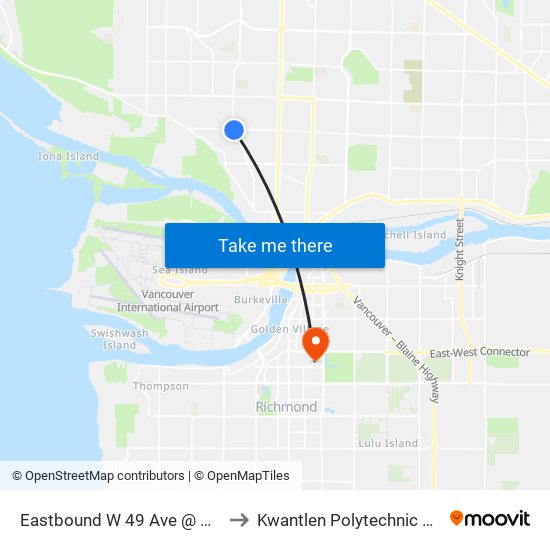 Eastbound W 49 Ave @ Arbutus St to Kwantlen Polytechnic University map