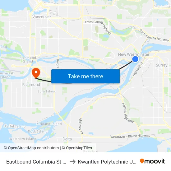 Eastbound Columbia St @ 6th St to Kwantlen Polytechnic University map