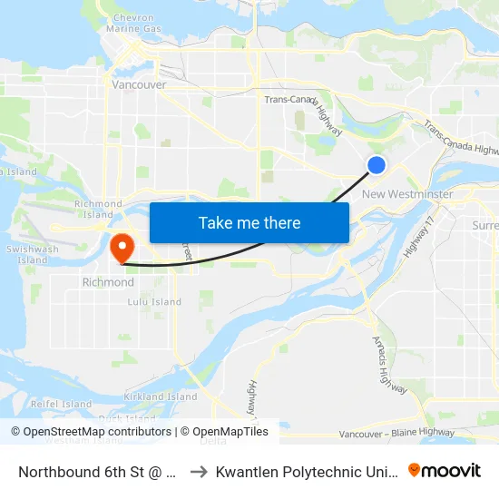 Northbound 6th St @ 16 Ave to Kwantlen Polytechnic University map