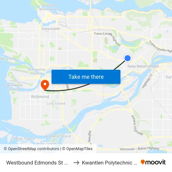 Westbound Edmonds St @ Mary Ave to Kwantlen Polytechnic University map