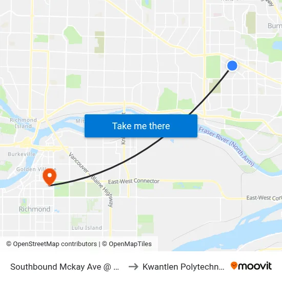 Southbound Mckay Ave @ Kingsborough St to Kwantlen Polytechnic University map