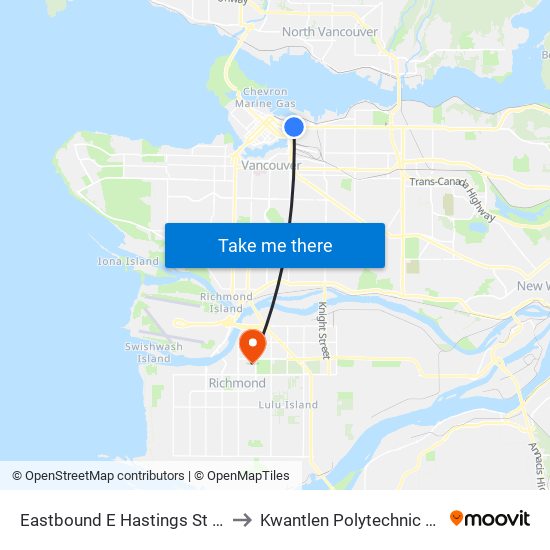 Eastbound E Hastings St @ Main St to Kwantlen Polytechnic University map