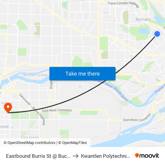 Eastbound Burris St @ Buckingham Ave to Kwantlen Polytechnic University map