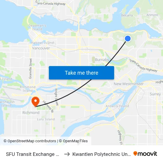 SFU Transit Exchange @ Bay 3 to Kwantlen Polytechnic University map