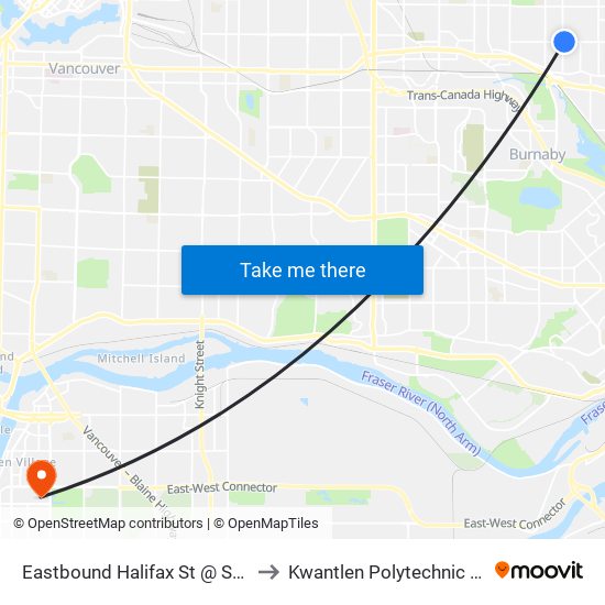 Eastbound Halifax St @ Sperling Ave to Kwantlen Polytechnic University map