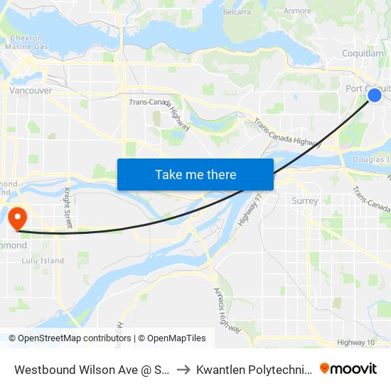 Westbound Wilson Ave @ Shaughnessy St to Kwantlen Polytechnic University map