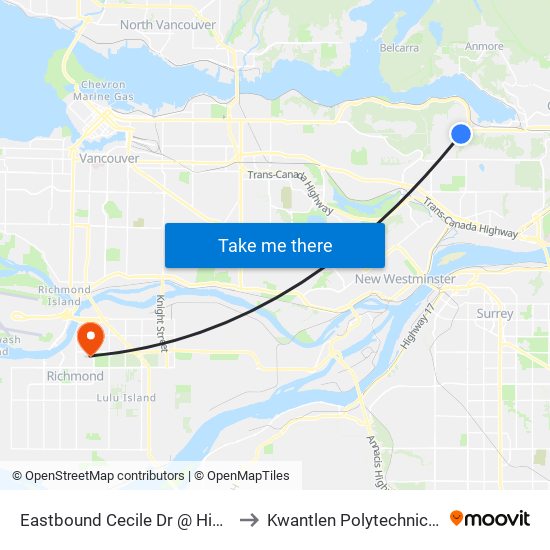 Eastbound Cecile Dr @ Highview Place to Kwantlen Polytechnic University map