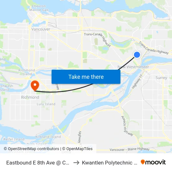 Eastbound E 8th Ave @ Chilliwack St to Kwantlen Polytechnic University map