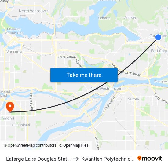 Lafarge Lake-Douglas Station @ Bay 3 to Kwantlen Polytechnic University map