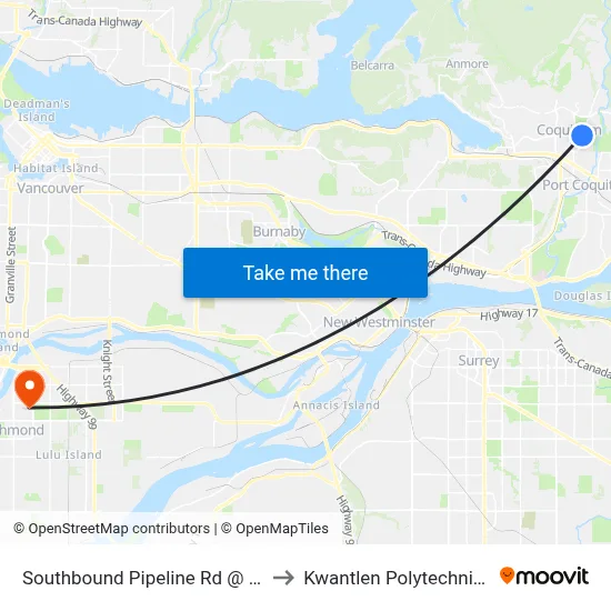 Southbound Pipeline Rd @ Guildford Way to Kwantlen Polytechnic University map