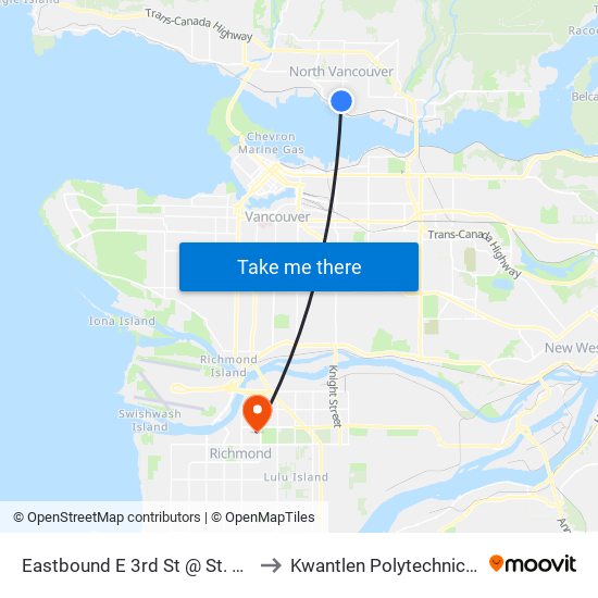 Eastbound E 3rd St @ St. Georges Ave to Kwantlen Polytechnic University map