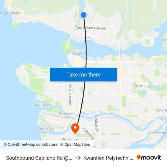 Southbound Capilano Rd @ Edgewood Rd to Kwantlen Polytechnic University map
