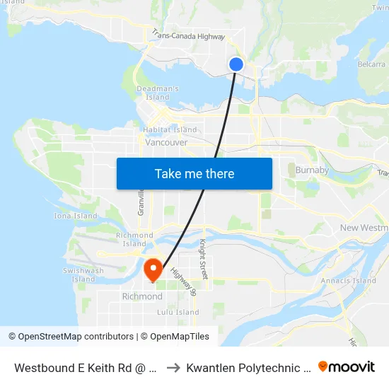Westbound E Keith Rd @ Cloverley St to Kwantlen Polytechnic University map