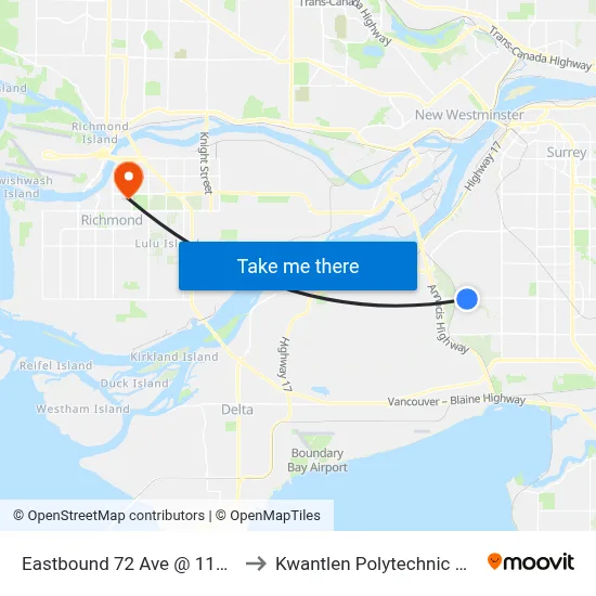 Eastbound 72 Ave @ 11200 Block to Kwantlen Polytechnic University map