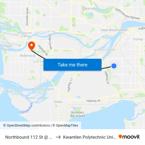 Northbound 112 St @ 80 Ave to Kwantlen Polytechnic University map