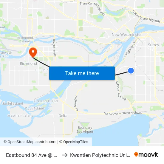 Eastbound 84 Ave @ 116 St to Kwantlen Polytechnic University map