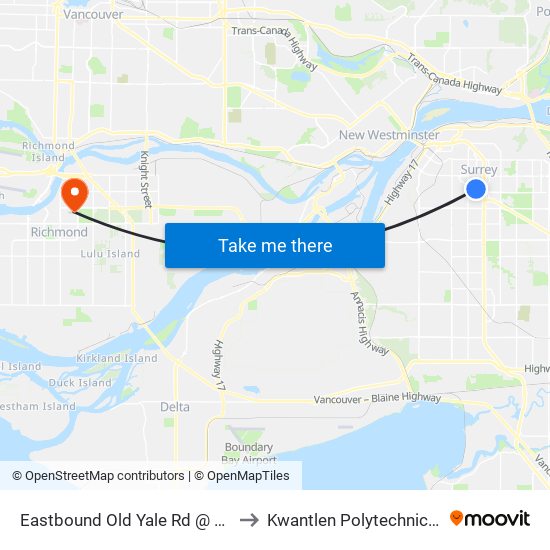 Eastbound Old Yale Rd @ University Dr to Kwantlen Polytechnic University map