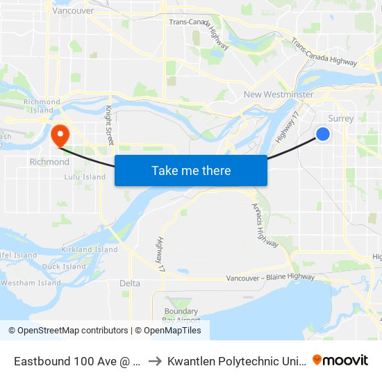 Eastbound 100 Ave @ 128 St to Kwantlen Polytechnic University map