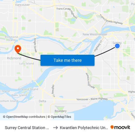 Surrey Central Station @ Bay 9 to Kwantlen Polytechnic University map