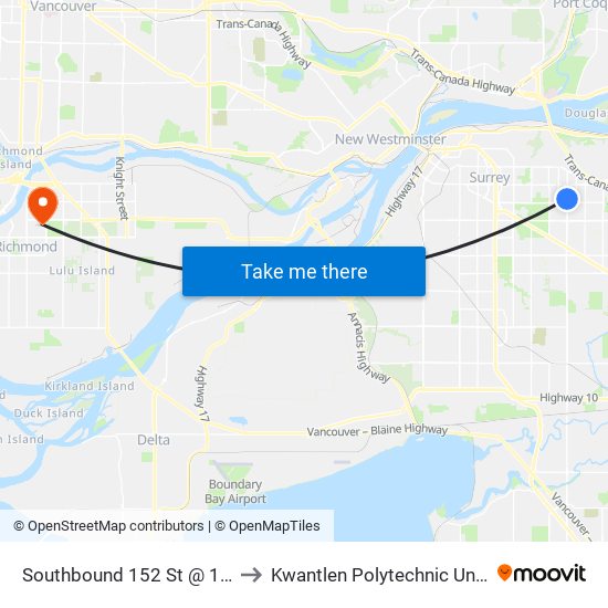 Southbound 152 St @ 101 Ave to Kwantlen Polytechnic University map