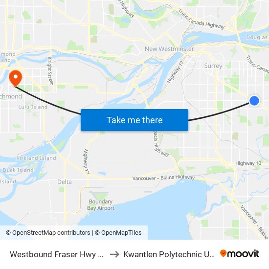 Westbound Fraser Hwy @ 156 St to Kwantlen Polytechnic University map