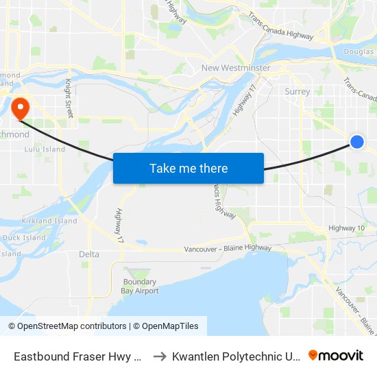 Eastbound Fraser Hwy @ 156 St to Kwantlen Polytechnic University map