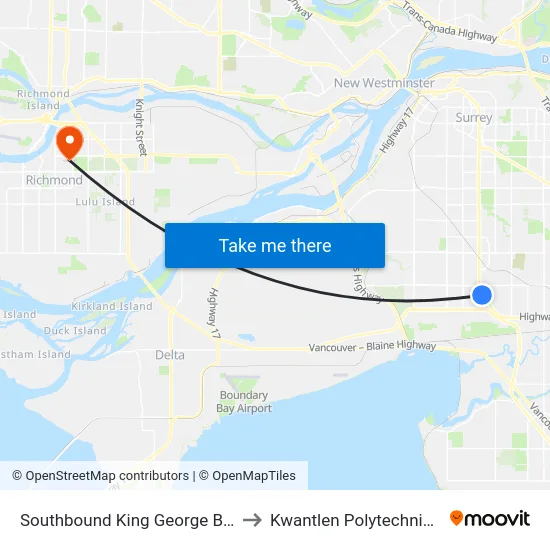 Southbound King George Blvd @ 62 Ave to Kwantlen Polytechnic University map