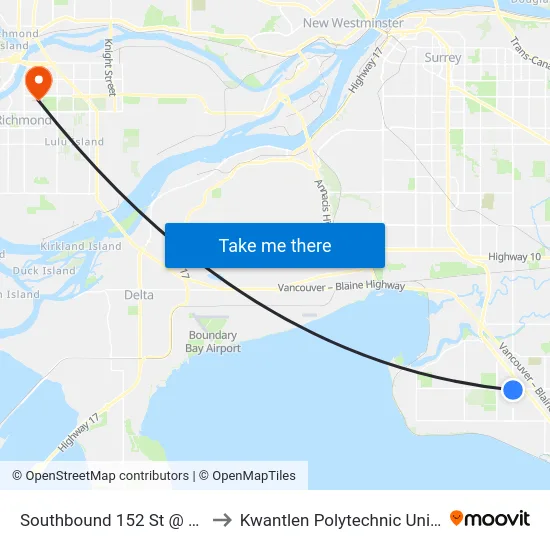 Southbound 152 St @ 24 Ave to Kwantlen Polytechnic University map