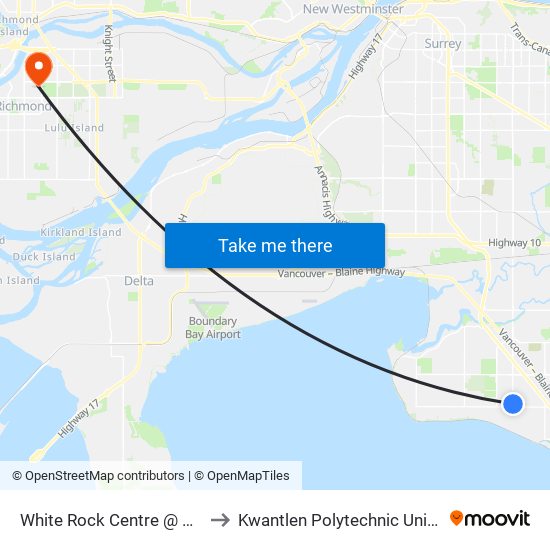 White Rock Centre @ Bay 10 to Kwantlen Polytechnic University map