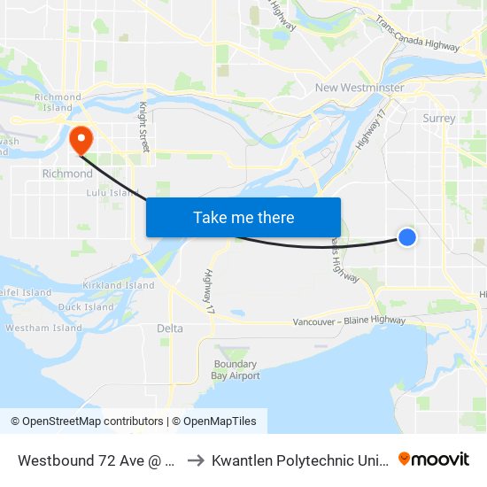 Westbound 72 Ave @ 126 St to Kwantlen Polytechnic University map