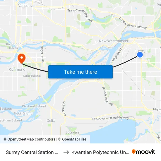 Surrey Central Station @ Bay 6 to Kwantlen Polytechnic University map
