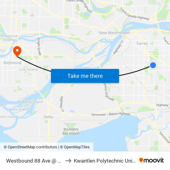 Westbound 88 Ave @ 144 St to Kwantlen Polytechnic University map