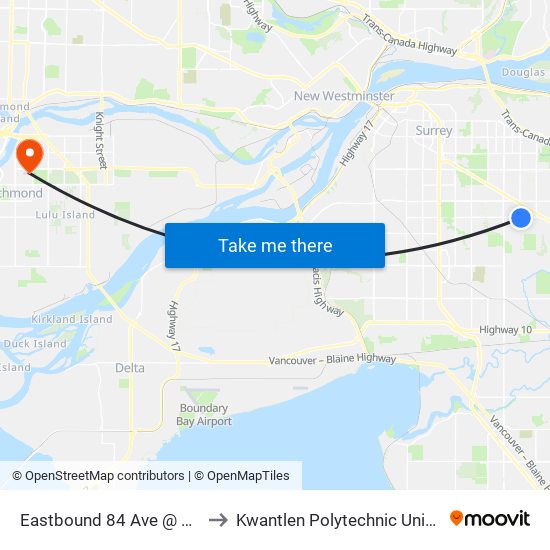 Eastbound 84 Ave @ 156 St to Kwantlen Polytechnic University map
