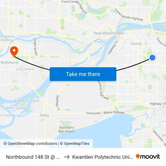 Northbound 148 St @ 94 Ave to Kwantlen Polytechnic University map