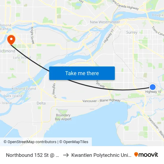 Northbound 152 St @ 60 Ave to Kwantlen Polytechnic University map