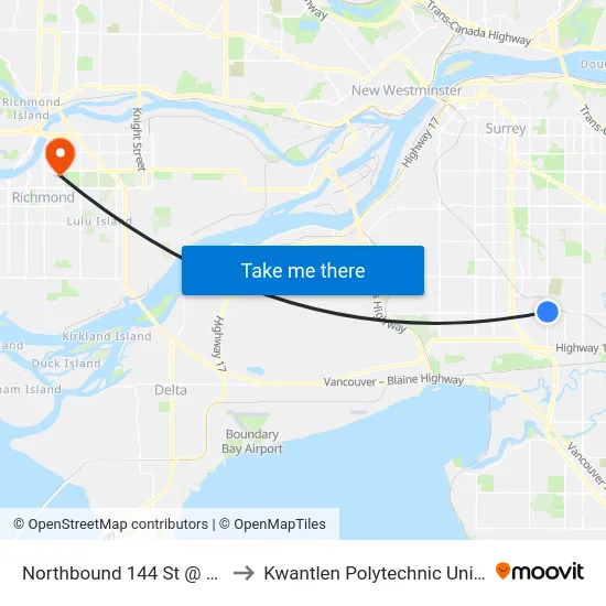 Northbound 144 St @ 64 Ave to Kwantlen Polytechnic University map