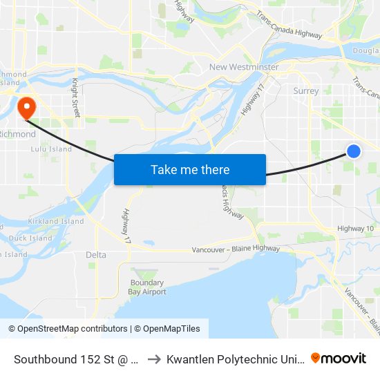 Southbound 152 St @ 84 Ave to Kwantlen Polytechnic University map