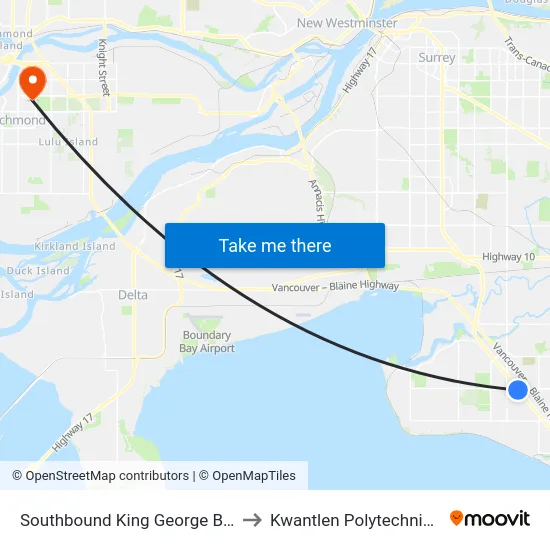 Southbound King George Blvd @ 24 Ave to Kwantlen Polytechnic University map