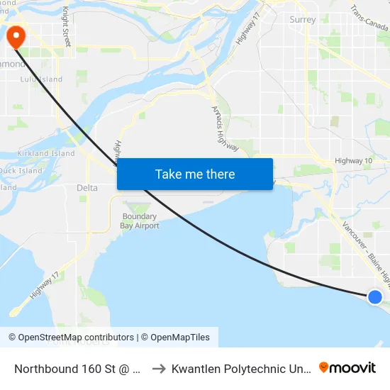 Northbound 160 St @ 9th Ave to Kwantlen Polytechnic University map