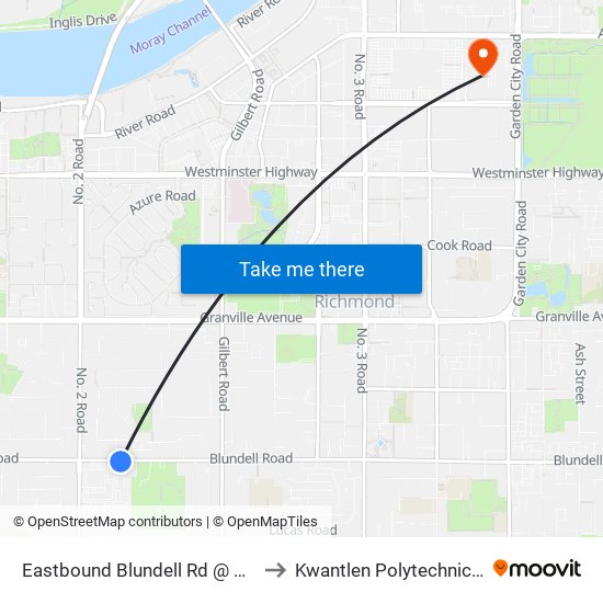 Eastbound Blundell Rd @ Cheviot Place to Kwantlen Polytechnic University map