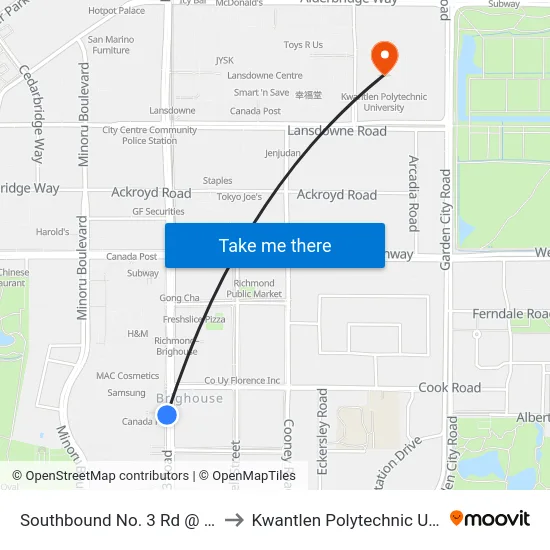 Southbound No. 3 Rd @ Cook Rd to Kwantlen Polytechnic University map