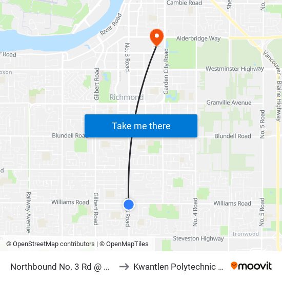 Northbound No. 3 Rd @ Williams Rd to Kwantlen Polytechnic University map
