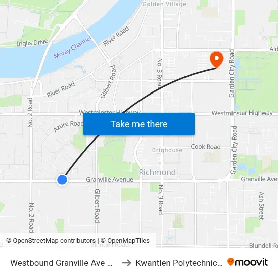 Westbound Granville Ave @ Azure Gate to Kwantlen Polytechnic University map