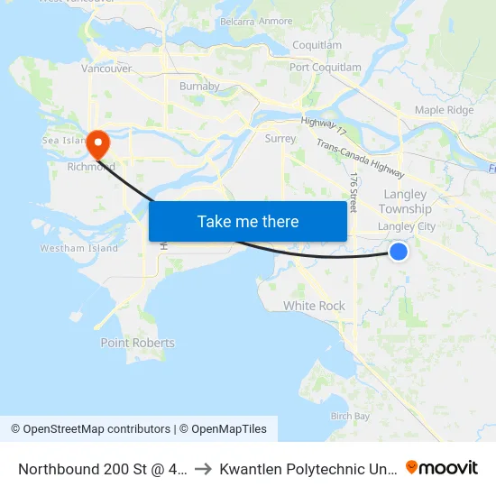Northbound 200 St @ 45a Ave to Kwantlen Polytechnic University map