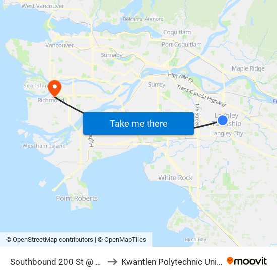 Southbound 200 St @ 72 Ave to Kwantlen Polytechnic University map