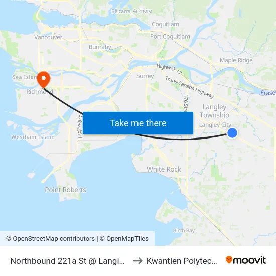 Northbound 221a St @ Langley Memorial Hospital to Kwantlen Polytechnic University map
